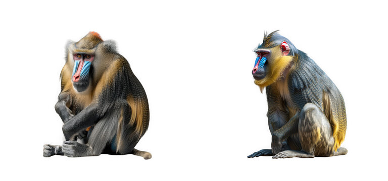 Colorful mandrill monkeys sitting, primate mammal isolated on transparent background