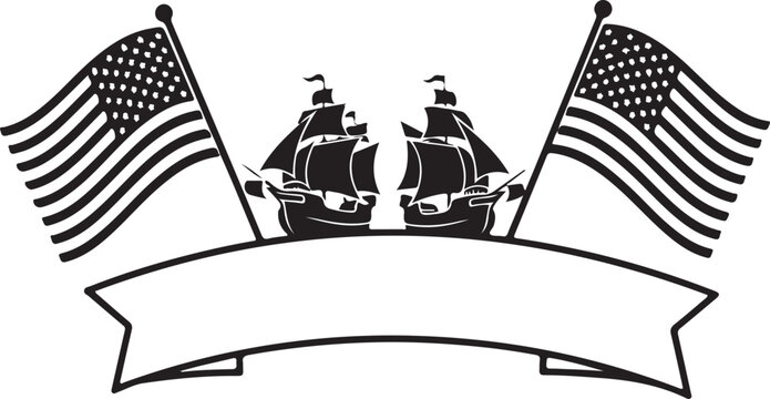 A black and white graphic illustration featuring two antique sailing ships and american flags