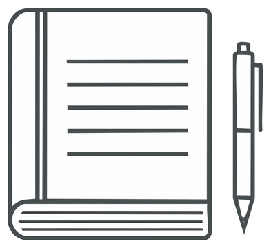Simple line icon of a notebook and pen for writing or studying