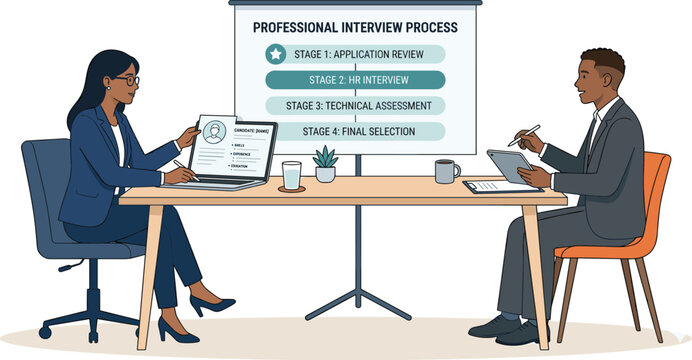 Professional job interview process with recruiter and candidate discussing application, HR screening, technical assessment, and final selection stages in office setting