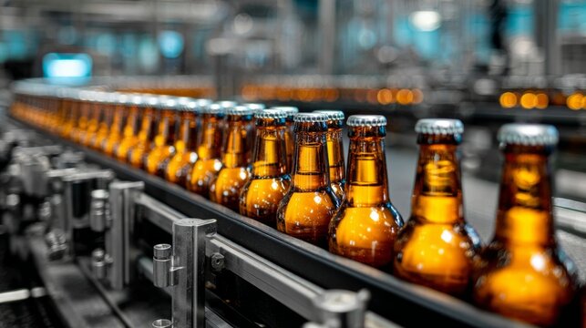 Beer bottles moving on conveyor belt in brewery