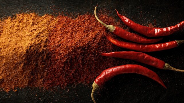 Spice up your culinary business with vibrant chili powder and dried red chilies on dark background &mdash; perfect for food branding, content marketing, and growth strategies in the competitive culinary ind