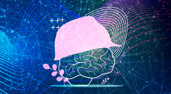 Psychotherapy concept. Problem solving, chaos and mess, difficult situation. Psychological help and mental health. Brain covered by safety helmet. Work safety and insurance.