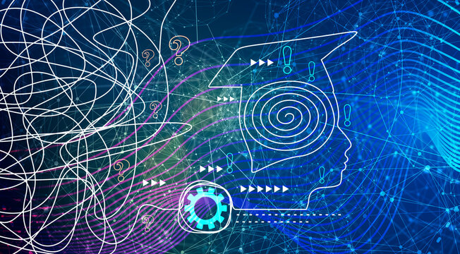 Personal growth and development. Business and education concept. Metaphor of problem solving, chaos and mess, difficult situation. Chaotic lines transformed to order spiral in male head.