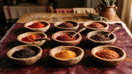 Fototapeta premium Rustic wooden bowls filled with assorted ground spices and herbs artfully arranged on a textured surface