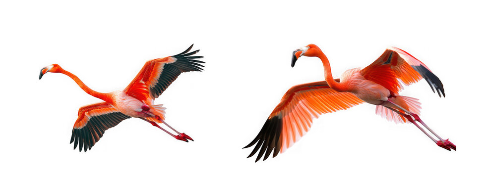 Pair of pink flamingos flying with spread wings in different positions as isolated on transparent background