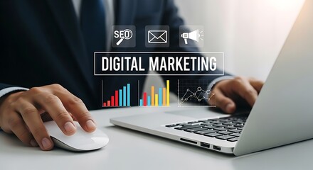 Fototapeta premium Business professional using computer and mouse with digital marketing graphics