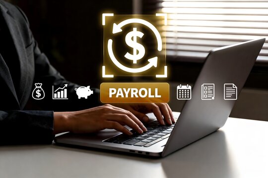Focused business person is actively performing payroll tasks on a laptop, featuring a glowing dollar sign with arrows and a "payroll" button, signifying efficient financial and hr management.