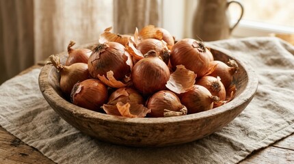 Obraz premium Brown onions with delicate papery skins piled in a rustic wooden bowl, showcasing their natural texture and earthy appeal