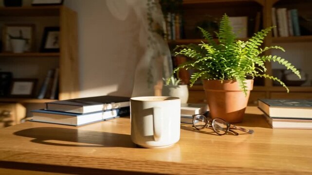 A lifelike cup of hot beverage stands perfectly still on a beautiful indoor desk with blurred elements, perfect for cozy morning routine lifestyle.