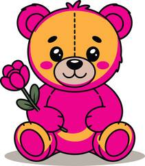 Fototapeta premium Cute cartoon girl with heart head and pink dress holding heart balloons cute character