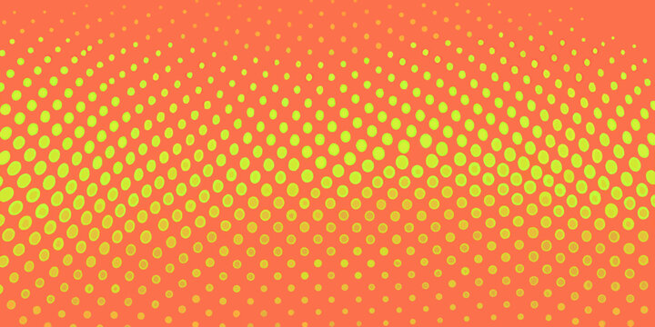 A vibrant orange background with a waving pattern of lime green dots