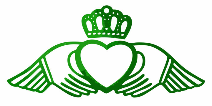 Green claddagh symbol featuring a heart held by hands and a crown