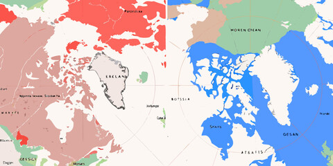 A colorful vintage style map highlighting greenland and surrounding regions © Pabitra