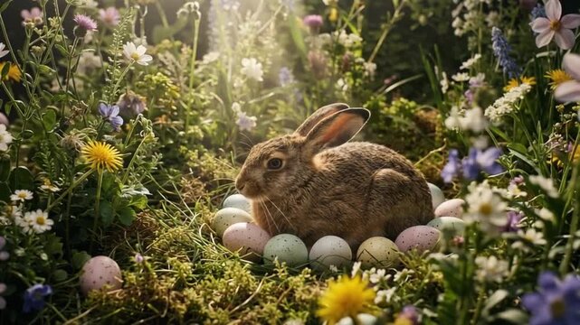 A lifelike small hare resting quietly among vibrant pastel easter eggs in a dense natural outdoor space, best for magical springtime event promos.