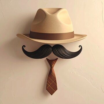 A hat, mustache, and tie combination on a wall