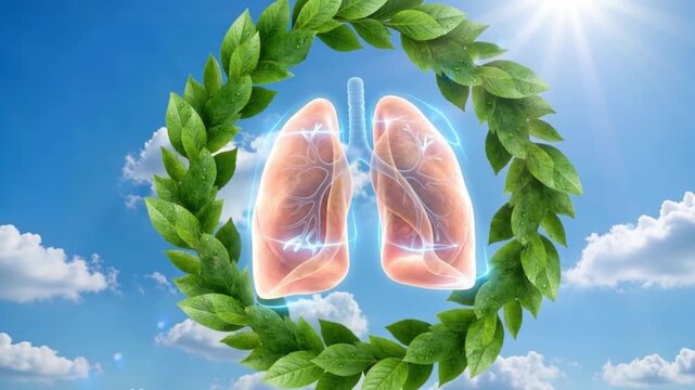 A pair of realistic healthy human lungs surrounded by fresh green leaves floats in a bright sunny sky, perfect for respiratory health campaigns.