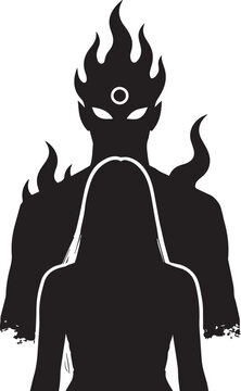  Black Silhouette Woman Facing Fiery Demon With Third Eye Design