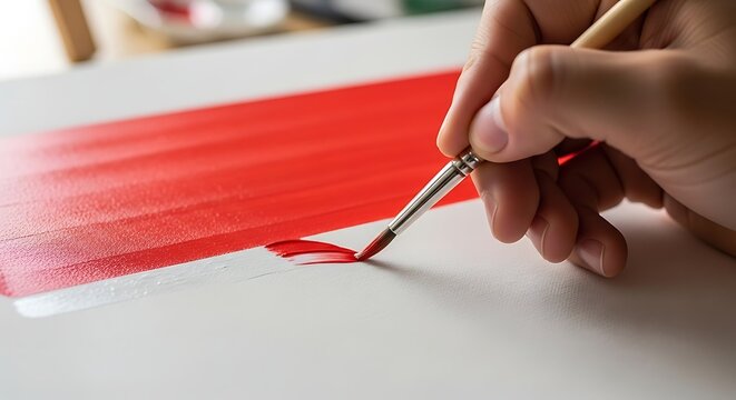 Close-up of an artist's hand holding a paintbrush, meticulously applying a vibrant red stroke onto a pristine white surface, illustrating the creat...