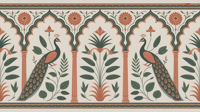 Traditional mughal garden illustration, mughal mural wallpaper design, birds, peacock, watercolor background. Mughal Garden. Illustration
