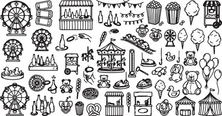 Hand Drawn Carnival and Amusement Park Icon Vector Set with Circus Rides and Fair Food © Mr. Akash