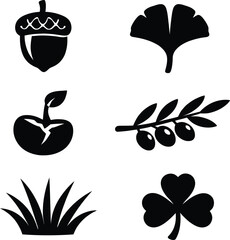 Black silhouettes of various plants and fruits acorn ginkgo leaf apple olive branch © MSTSABINA