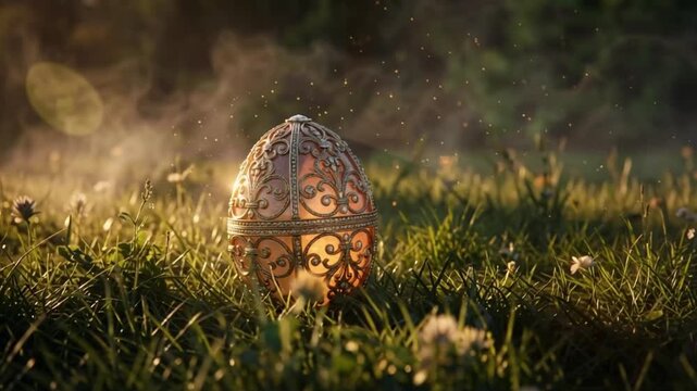 A realistic intricately decorated egg sitting firmly on fresh lawn setting with beautiful glowing light particles, best for magical spring broadcasts.