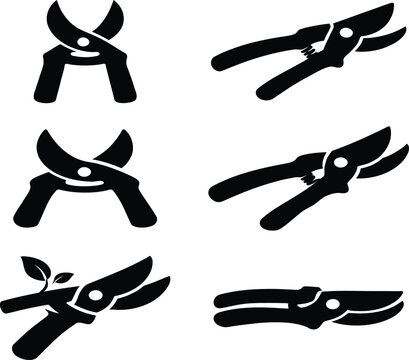Black silhouettes of various pruning shears and garden clippers gardening tools hand tools