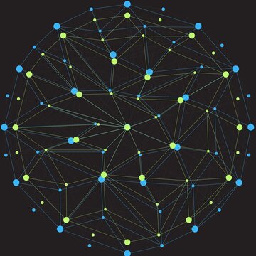 Futuristic digital network sphere with glowing blue and lime green plexus lines, abstract technology connection on black background.