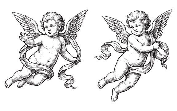 two cherub angels flying with flowing ribbon banners