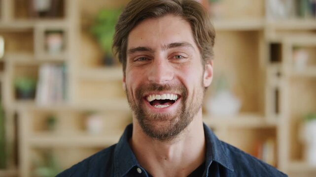 Face, laugh and business man in office as comedy screenwriter, about us and pride for career. Portrait, funny worker and professional script writer, employee and happy person in creative agency