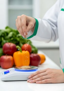 Hand adding seeds to digital scale weighing measuring