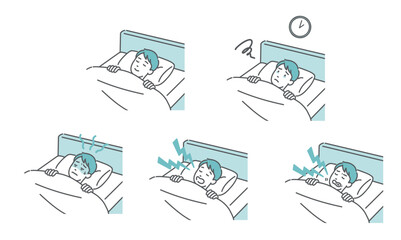 若い男性の睡眠に関するイラストセット（安眠・不眠・いびき・歯ぎしり等）