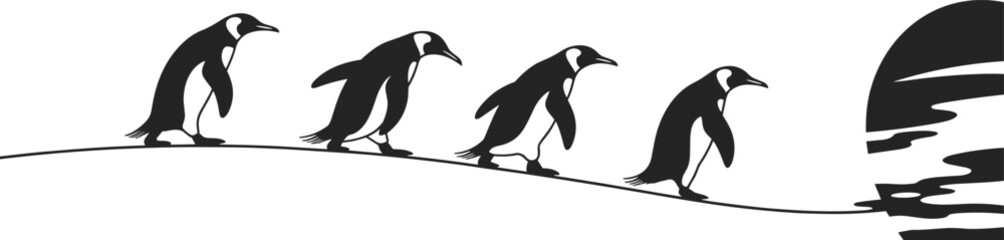 Silhouette of a Group of Penguins Walking on Arctic Ice in Antarctica Nature Wildlife Scene Isolated on White Background Vector © MstMoheja