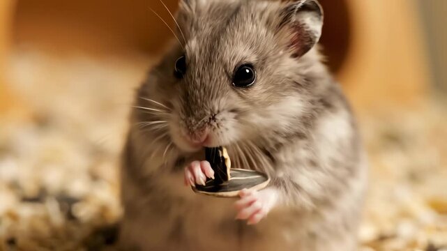 Hamster Intently Eating a Black Sunflower Seed with Its Adorable Paws