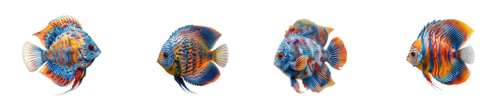 Set of four colorful tropical discus aquarium fish swimming in different isolated on transparent background