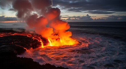 Fototapeta premium Volcanic Eruption Meets the Ocean - A Fiery Display of Natures Power.