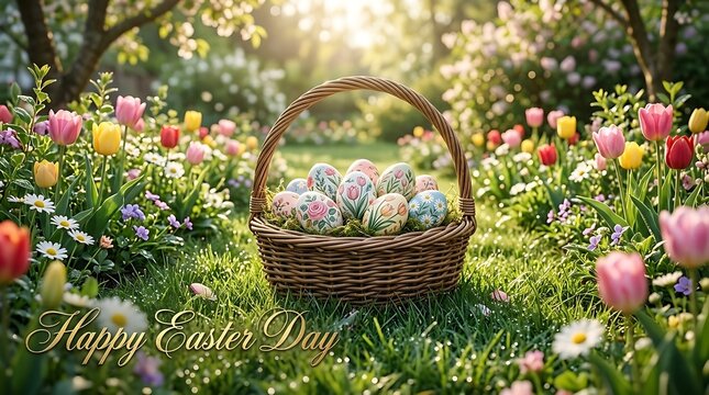 Happy Easter Day Greeting Card Background with Painted Eggs and Tulips