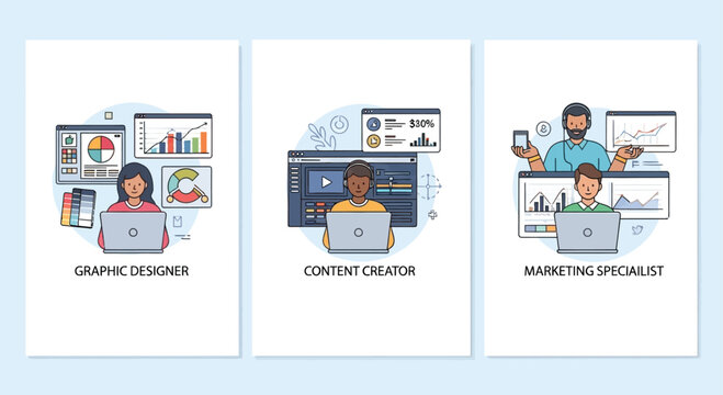 Diverse professionals working on digital content and marketing strategies.