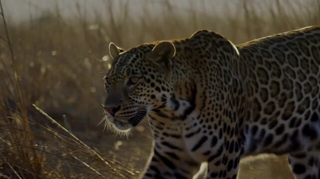 The leopard stepped slowly through the wild grass, its gaze sharp as if observing every movement around it.