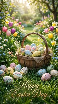 Happy Easter Day Greeting Card Background with Painted Eggs and Tulips