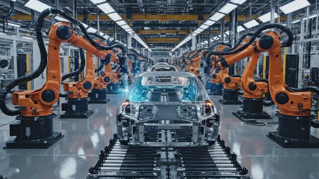 Robots assemble car chassis on a factory production line with orange machinery