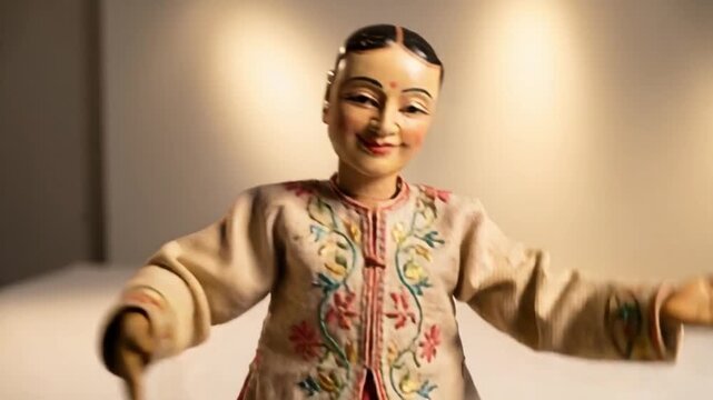 Smiling folklore figure moving rhythmically in a clean empty environment under warm spotlighting, perfect for modern cultural digital art exhibitions.