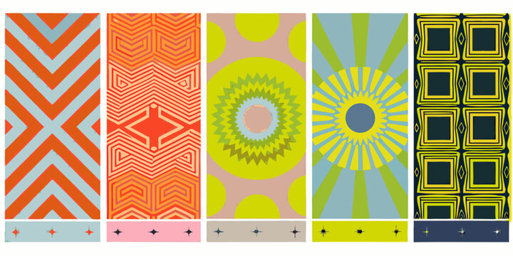 A collection of six vibrant patterned rectangular swatches displayed in a grid