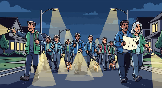 Group of people on a night walk with flashlights.