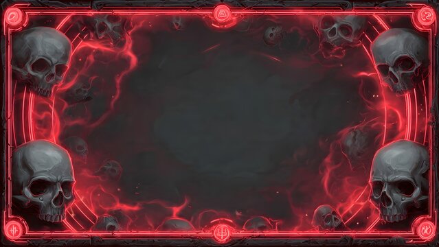 A dark rectangular frame with glowing red borders and multiple skulls
