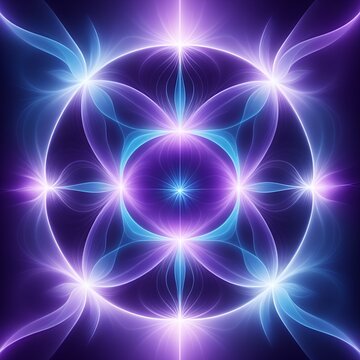 Four-Petaled Cosmic Energy Flower in Radiant Purple and Cyan Representing Balance and Purpose Through Symmetrical Sacred Geometry and Mystical Light Patterns for Design