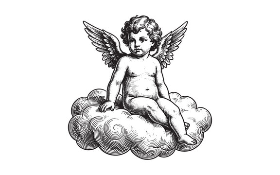 baby angel or cherub sitting on a fluffy cloud