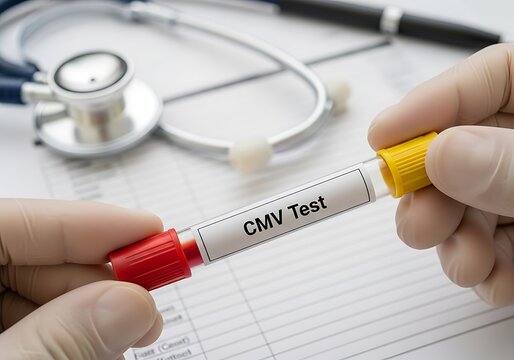 Medical test tube with red and yellow caps CMV test
