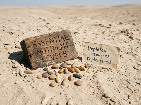 Essential Nutrient Levels Sign and Replenished Resources Note in a Barren Desert Landscape.